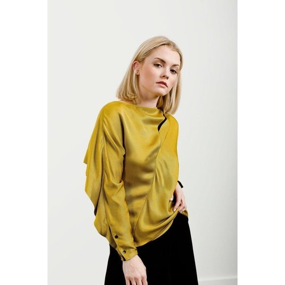 Palmer// Harding Woman's Sz 4/6 Golden‎ Yellow Slash Ruched Blouse Navy - Picture 1 of 12